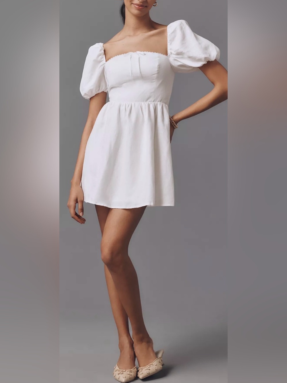 NEW Reformation Malvina White Linen Puff-Sleeve Mini Dress sz 12